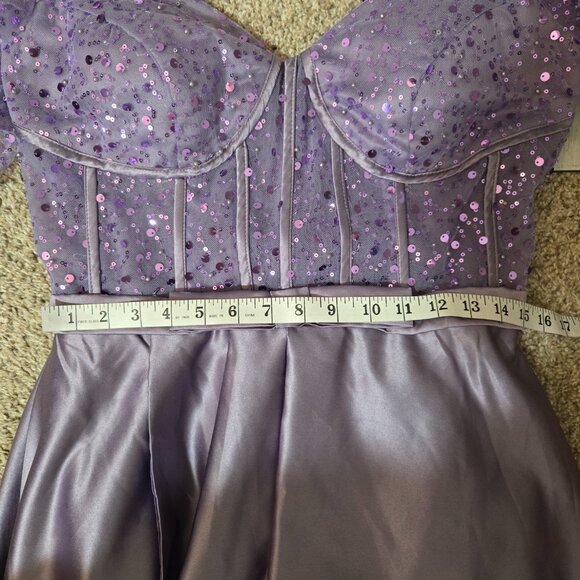 Sz 14 Unbranded Light Purple/Lavender Sequin Tulle & Satin Puff Long Sleeve Gown - Picture 10 of 13